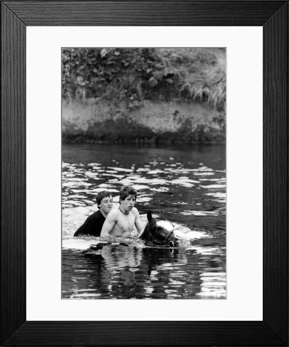 Framed Print : Into the River Eden for a wash for this horse and two bareback riders at the Appleby Framed Print : Into the River Eden for a wash for this horse and two bareback riders at the Appleby