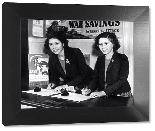 Queen Elizabeth and her sister Princess Margaret buying war savings certificates at a