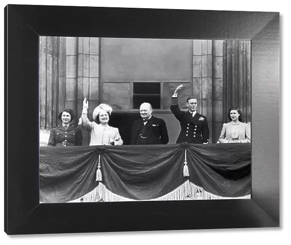 Prime Minister Winston Churchill joins Royal Family 1945 on the balcony at