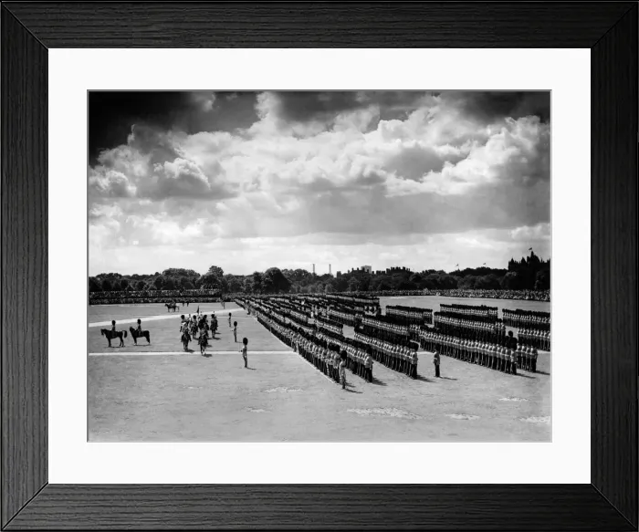 Framed Print : The King presents new colours. The King inspecting the Guards in Hyde Park where he Framed Print : The King presents new colours. The King inspecting the Guards in Hyde Park where he