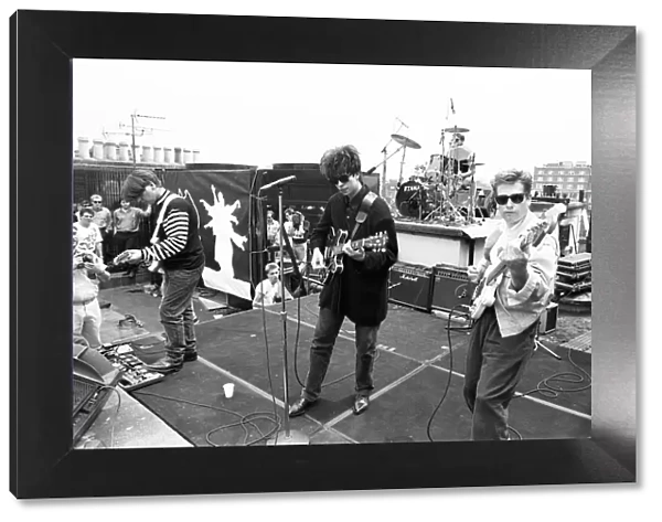 Echo and the Bunnymen rock group playing on London rooftops. 6th July 1987