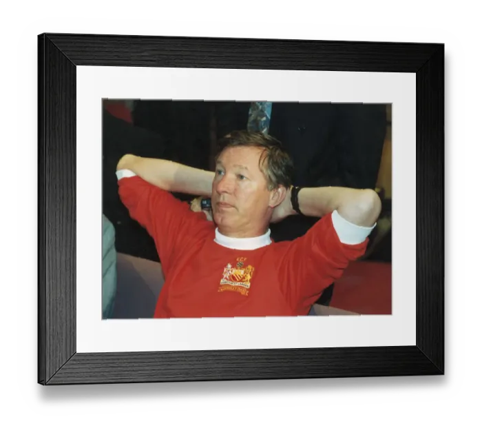 Framed Print : Manchester United manager Alex Ferguson wearing a 1968 European Cup Final shirt for a Framed Print : Manchester United manager Alex Ferguson wearing a 1968 European Cup Final shirt for a