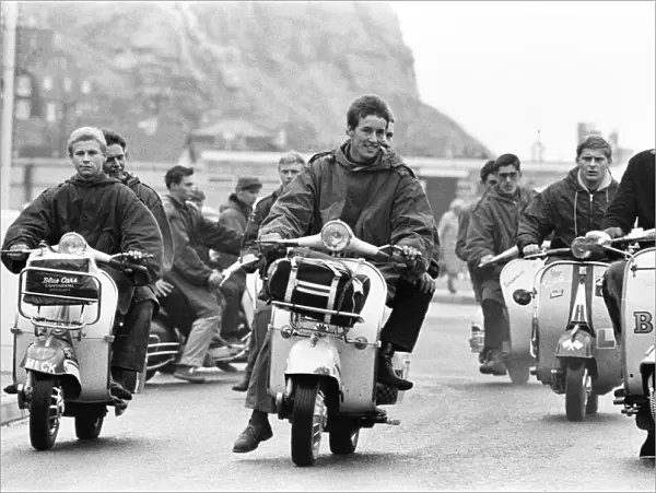 Mods gather in Hastings on their scooters, August 1964