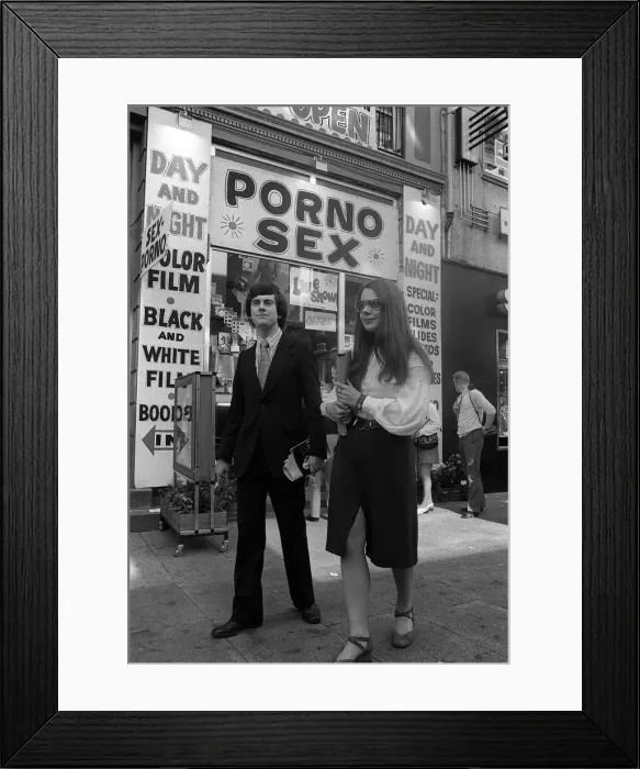 Framed Print : Gyles Brandreth and Susan Pegden in copenhagen Aug 1971 looking at porn shops