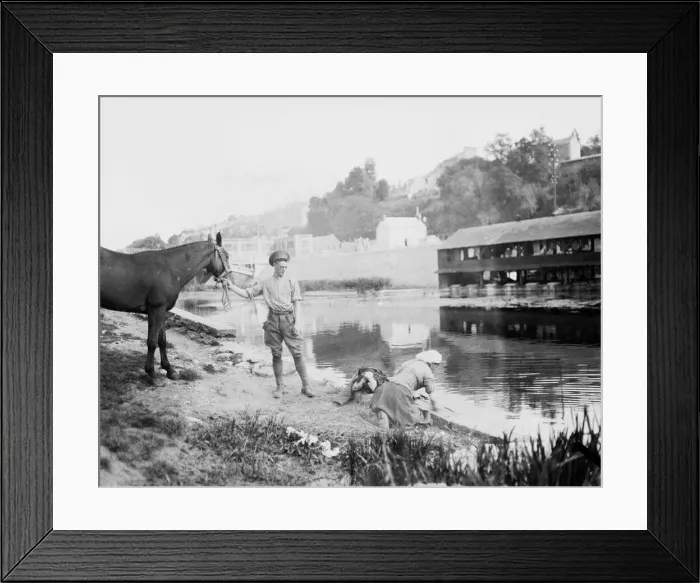 Framed Print : A British soldier seen here with his horse on the banks of an un-named French river Framed Print : A British soldier seen here with his horse on the banks of an un-named French river