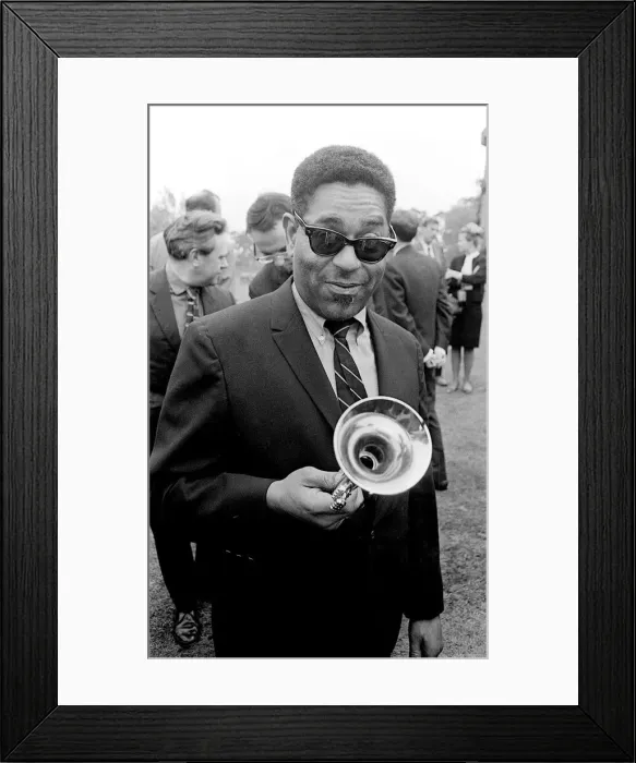 Framed Print : American jazz musician Dizzy Gillespie holding his trumpet at Fort Belvedere near Ascot Framed Print : American jazz musician Dizzy Gillespie holding his trumpet at Fort Belvedere near Ascot