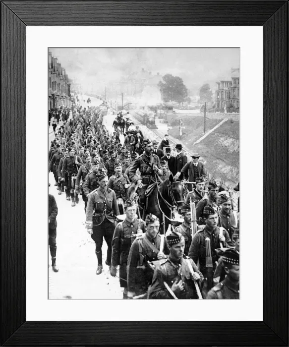 Framed Print : The Gordon Highlanders seen here shortly after disembarking from at a train at an Framed Print : The Gordon Highlanders seen here shortly after disembarking from at a train at an