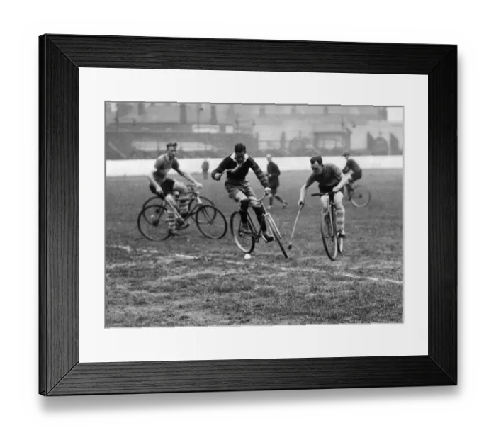 Framed Print : Three fellows playing Cycle polo which was invented in County Wicklow, Ireland Framed Print : Three fellows playing Cycle polo which was invented in County Wicklow, Ireland