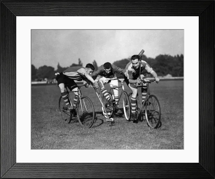 Framed Print : Three fellows playing Cycle polo which was invented in County Wicklow, Ireland Framed Print : Three fellows playing Cycle polo which was invented in County Wicklow, Ireland