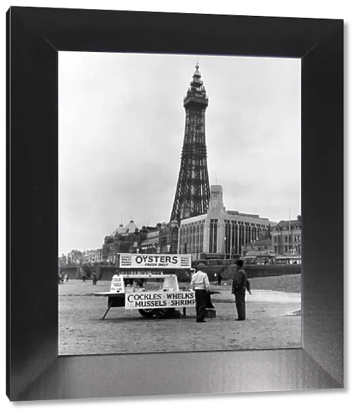 An Oyster stall selling shell fish on the beach in front of the iconic Blackpool Tower