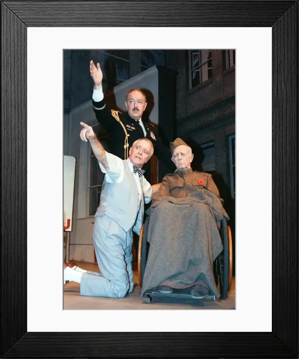 Framed Print : Scene fom the play Veterans Day at the Theatre Royal, Haymarket starring Michael Gambon