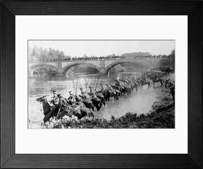 Framed Print : British cavalry watering their horses at a river in France Framed Print : British cavalry watering their horses at a river in France