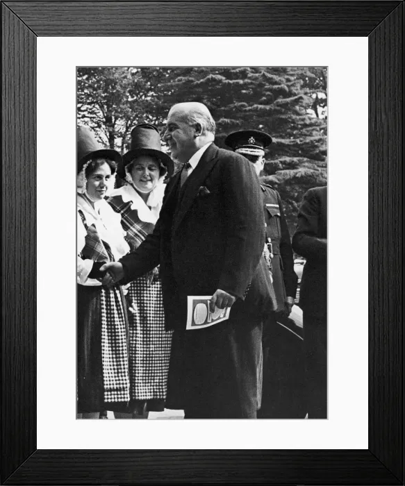 Framed Print : Home Secretary David Maxwell Fyfe greets a woman in national dress at the Welsh Framed Print : Home Secretary David Maxwell Fyfe greets a woman in national dress at the Welsh