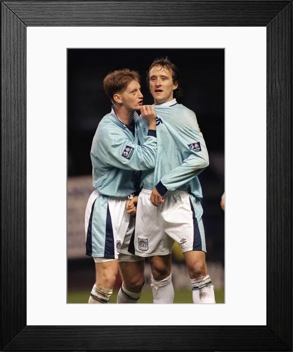 Framed Print : Manchester City footballers Steve Lomas and Nicky Summerbee celebrate a goal during their Framed Print : Manchester City footballers Steve Lomas and Nicky Summerbee celebrate a goal during their