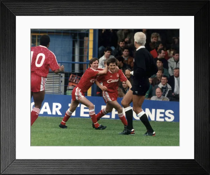 Framed Print : Peter Beardsley of Liverpool celebrating a goal with teammates Ronnie Whelan Framed Print : Peter Beardsley of Liverpool celebrating a goal with teammates Ronnie Whelan