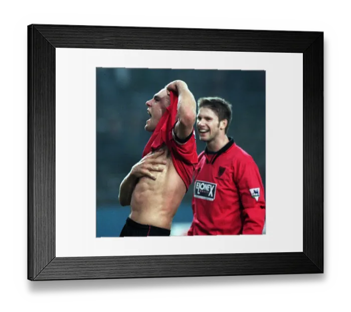 Framed Print : Vinnie Jones celebrates by lifting his shirt and putting his hand across his chest after Framed Print : Vinnie Jones celebrates by lifting his shirt and putting his hand across his chest after