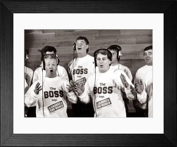 Framed Print : England manager Bobby Robson in a recording studio with Northern Ireland manager Billy