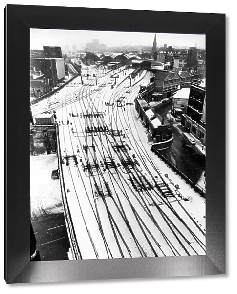 Empty tracks in the snow outside Newcastle Central Station on 16th February 1979