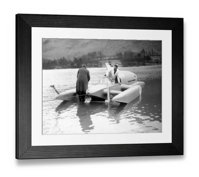 Framed Print : Donald Campbell launches Bluebird K7 on Ullswater for tests, 8th February 1955 Framed Print : Donald Campbell launches Bluebird K7 on Ullswater for tests, 8th February 1955