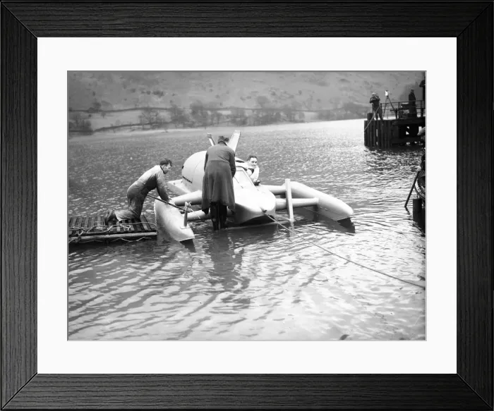 Framed Print : Donald Campbell launches Bluebird K7 on Ullswater for tests, 8th February 1955 Framed Print : Donald Campbell launches Bluebird K7 on Ullswater for tests, 8th February 1955