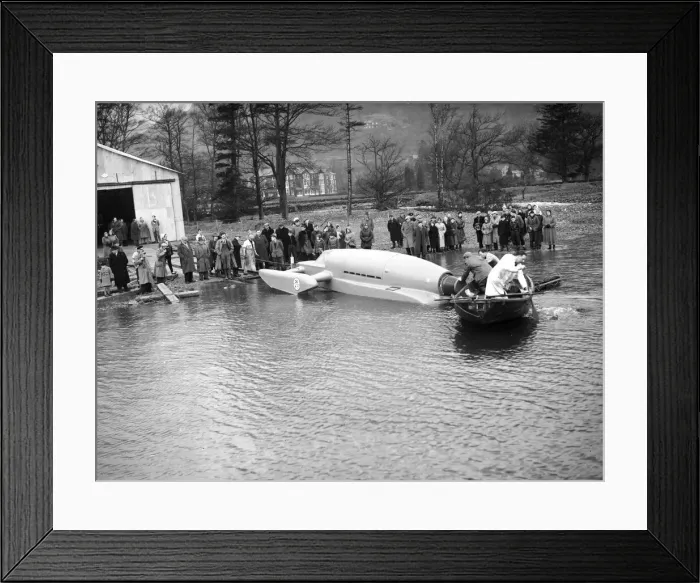 Framed Print : Donald Campbell launches Bluebird K7 on Ullswater for tests, 8th February 1955