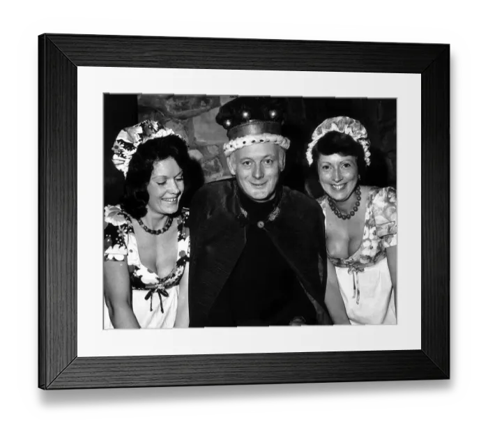 Framed Print : Lord Montagu of Beaulieu November 1975 assisted by 2 wenches Sue Dew Framed Print : Lord Montagu of Beaulieu November 1975 assisted by 2 wenches Sue Dew