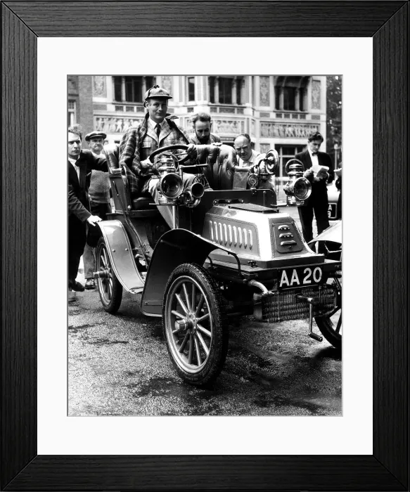 Framed Print : Lord Montagu of Beaulieu July 1958 at the wheel of his car as it is manhandled into Framed Print : Lord Montagu of Beaulieu July 1958 at the wheel of his car as it is manhandled into