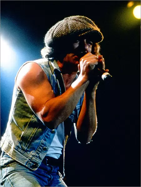 AC  /  DC in concert at Wembley Arena, singer Brian Johnson on stage. 16th January 1986