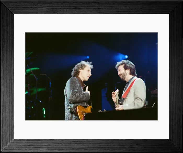 Framed Print : Eric Clapton and Mark Knopfler on stage at the Nelson Mandela 70th Birthday Tribute