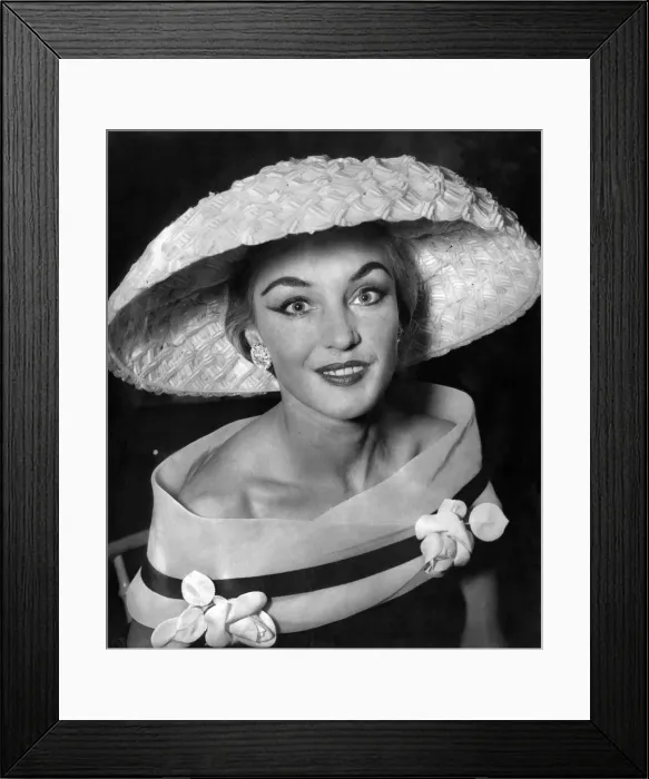 Framed Print : Clothing-Fashion: Hats: Large white crinoline straw hat worn with fissue of white Framed Print : Clothing-Fashion: Hats: Large white crinoline straw hat worn with fissue of white