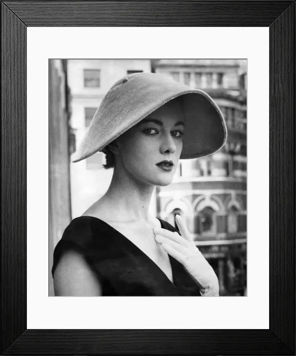 Framed Print : Clothing-Fashion: Hats: Bloching hats: Velnet collie hat by Ronald Peterson. July 1954 Framed Print : Clothing-Fashion: Hats: Bloching hats: Velnet collie hat by Ronald Peterson. July 1954