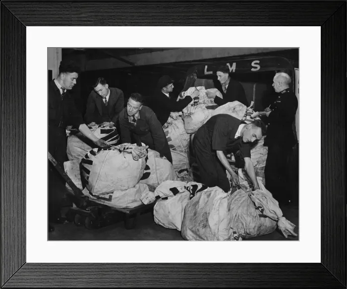 Framed Print : Mail bags being received and checked in at the headquarters of Unity Football Pools in Framed Print : Mail bags being received and checked in at the headquarters of Unity Football Pools in