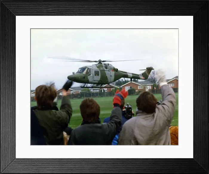 Framed Print : An Army Air Corp Westand Lynx lands at Parkway School, West Denton Framed Print : An Army Air Corp Westand Lynx lands at Parkway School, West Denton