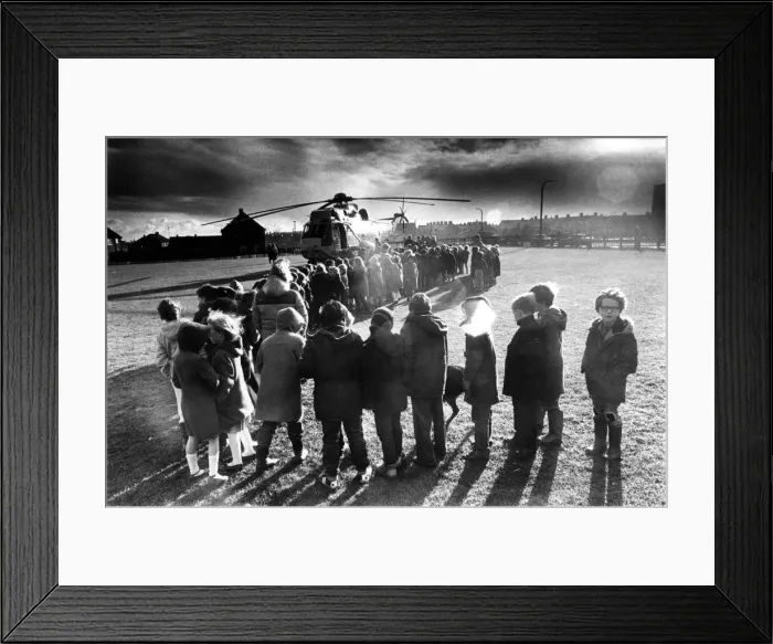 Framed Print : A RAF search and rescue Westland Sea King helicopter visits pupils at Moorside First