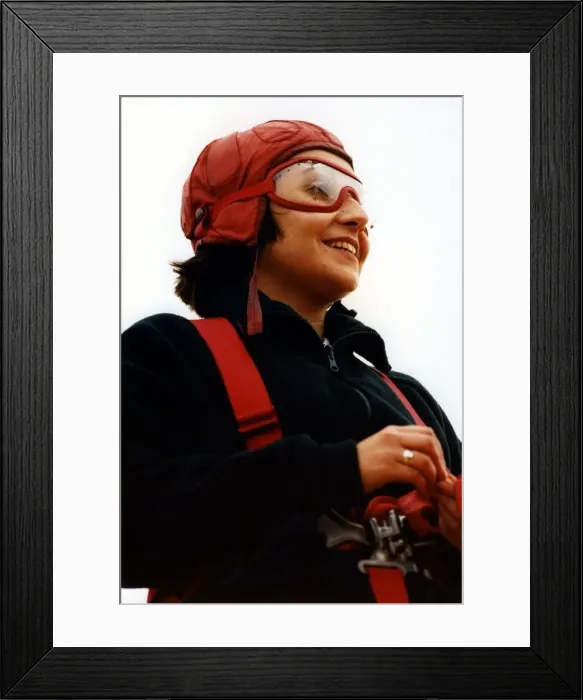 Framed Print : Sunday Sun reporter, Tamzin Lewis, tries her hand at wing walking on the Cadbury Framed Print : Sunday Sun reporter, Tamzin Lewis, tries her hand at wing walking on the Cadbury