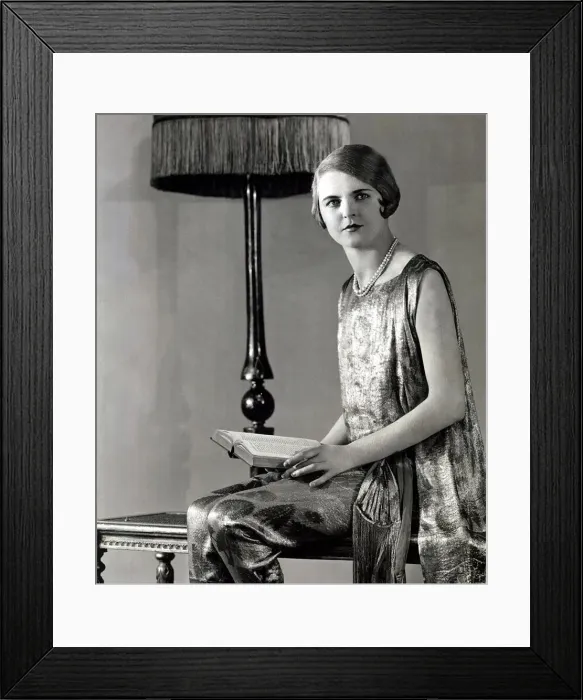 Framed Print : woman wearing pearl necklace and silk dress with sash tied around her wais Framed Print : woman wearing pearl necklace and silk dress with sash tied around her wais