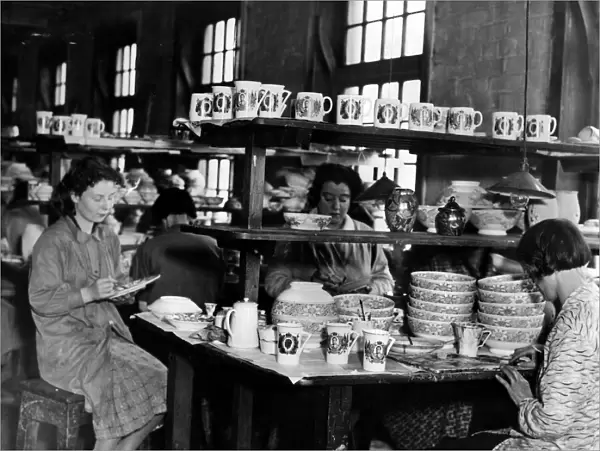 Maling pottery works, women applying transfers ahead of forthcoming royal coronation of