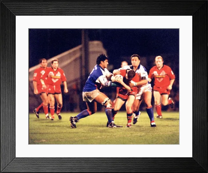 Framed Print : Sport - Rugby League - Wales v Western Samoa - Rowland Phillips drives on despite strong Framed Print : Sport - Rugby League - Wales v Western Samoa - Rowland Phillips drives on despite strong