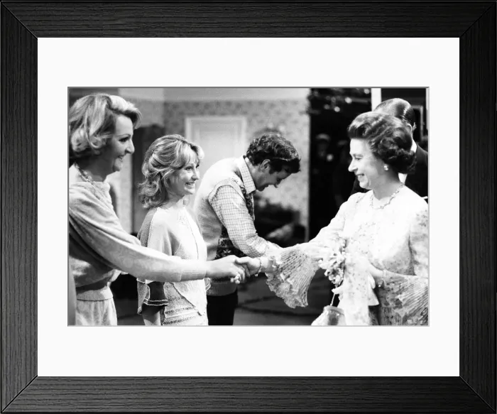 Framed Print : The Queen visits cast and crew on the set of BBC TV Series The Good Life Framed Print : The Queen visits cast and crew on the set of BBC TV Series The Good Life