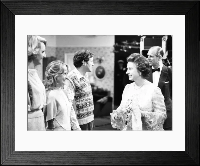 Framed Print : The Queen visits cast and crew on the set of BBC TV Series The Good Life Framed Print : The Queen visits cast and crew on the set of BBC TV Series The Good Life