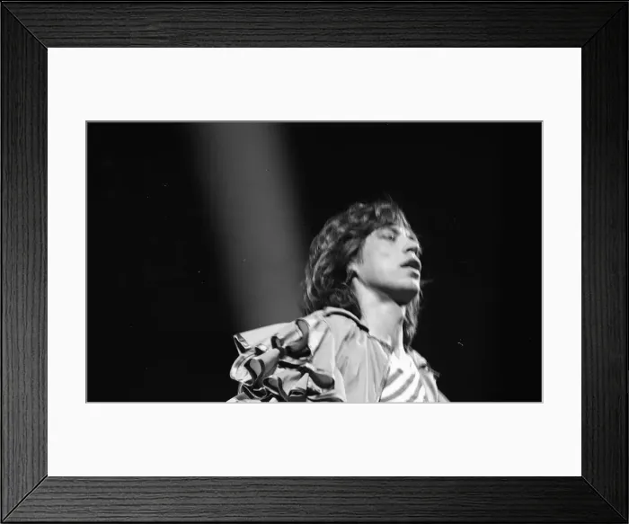 Framed Print : Mick Jagger performing on stage during a Rolling Stones concert at at New Bingley Hall