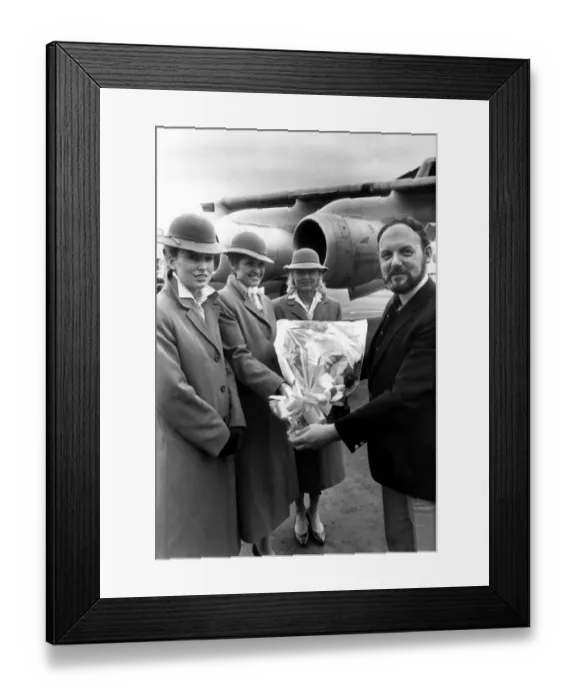 Framed Print : Dan-Air stewardesses, left to right, Linda Clough, Jeanette Jenkins and Anne Liddle