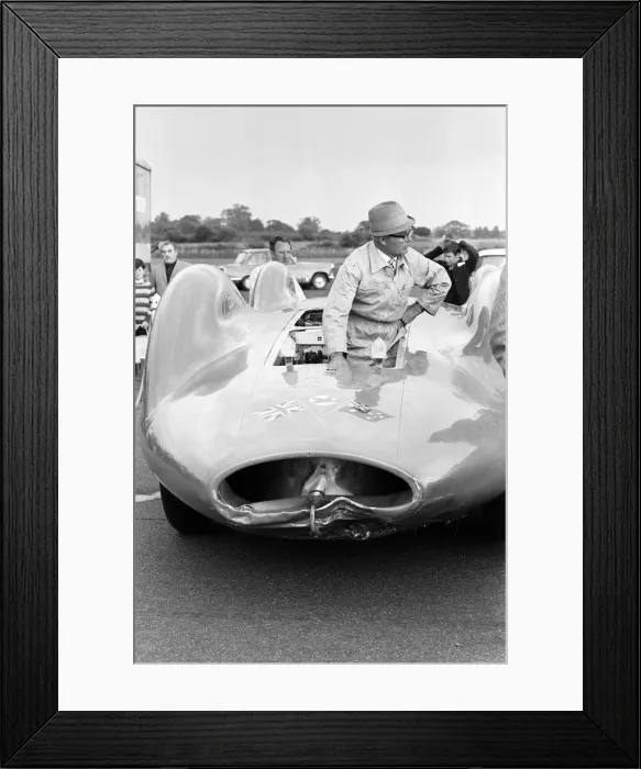 Framed Print : Leo Villa mechanic with Proteus Bluebird, the car in which Donald Campbell broke Framed Print : Leo Villa mechanic with Proteus Bluebird, the car in which Donald Campbell broke