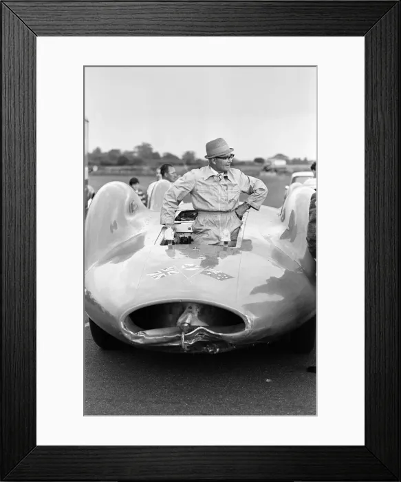 Framed Print : Leo Villa mechanic with Proteus Bluebird, the car in which Donald Campbell broke Framed Print : Leo Villa mechanic with Proteus Bluebird, the car in which Donald Campbell broke