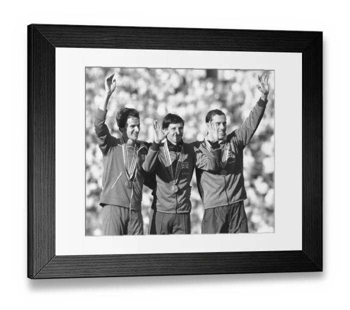 Framed Print : Seb Coe winner of the 1500 metre at the 1980 Moscow Olympic Games seen here with JYrgen Framed Print : Seb Coe winner of the 1500 metre at the 1980 Moscow Olympic Games seen here with JYrgen