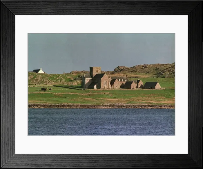 Framed Print : Isle of Iona Abbey view from Mull across sea church Circa 1990s Framed Print : Isle of Iona Abbey view from Mull across sea church Circa 1990s