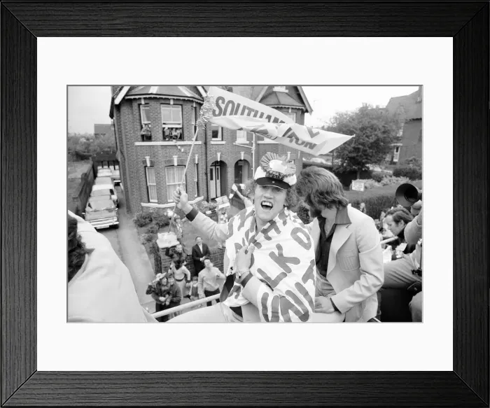 Framed Print : Southampton FC, FA Cup Winners 1976. Players celebrate win with fans during parade Framed Print : Southampton FC, FA Cup Winners 1976. Players celebrate win with fans during parade