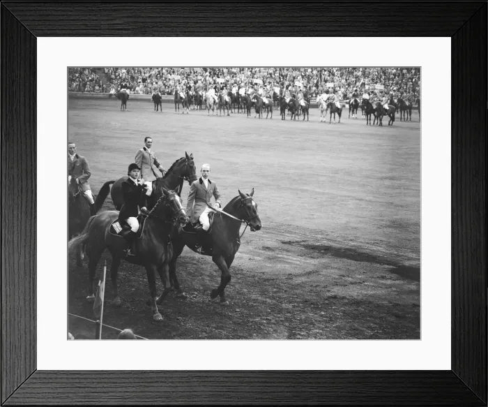 Framed Print : Pat Smythe and two other members of the British Team ride past the Royal box Framed Print : Pat Smythe and two other members of the British Team ride past the Royal box
