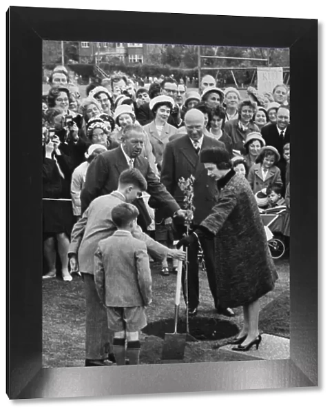 The Queen palnts a tulip tree in the grounds of Solihull School with the help of two of