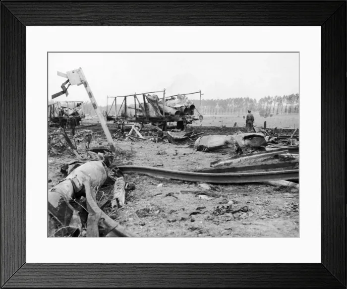 Framed Print : TRAIN LOAD OF FLYING BOMBS BLOWN UP RAF TYPHOONS. A train load of I20 flying